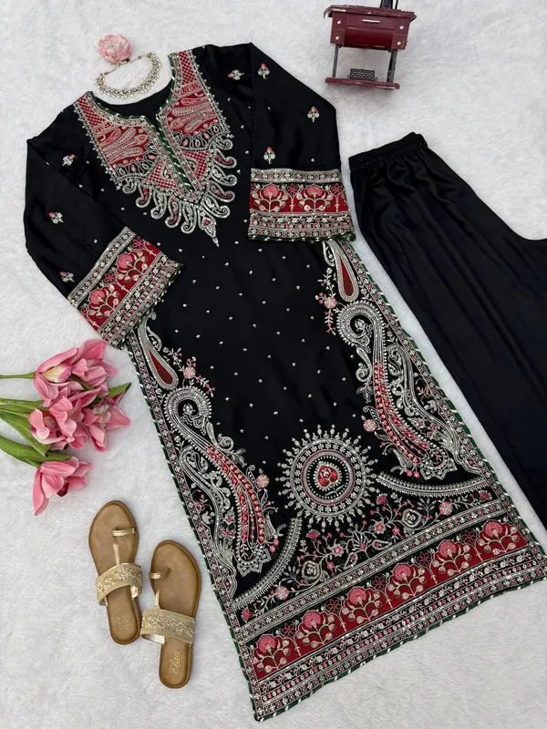 Biscuit_Slub_Kashmiri_Kaftan_Pant_Ethnic_Set_Black