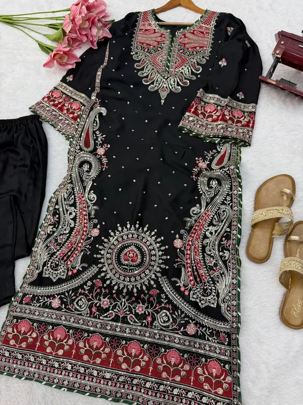 Biscuit_Slub_Kashmiri_Kaftan_Pant_Ethnic_Set_Black