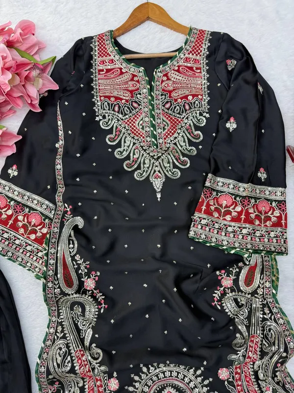 Biscuit_Slub_Kashmiri_Kaftan_Pant_Ethnic_Set_Black