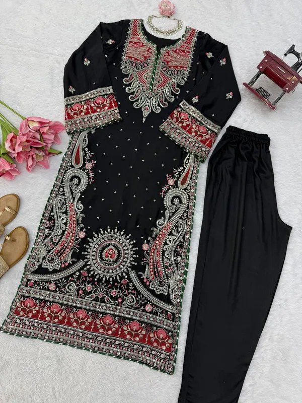 Biscuit_Slub_Kashmiri_Kaftan_Pant_Ethnic_Set_Black