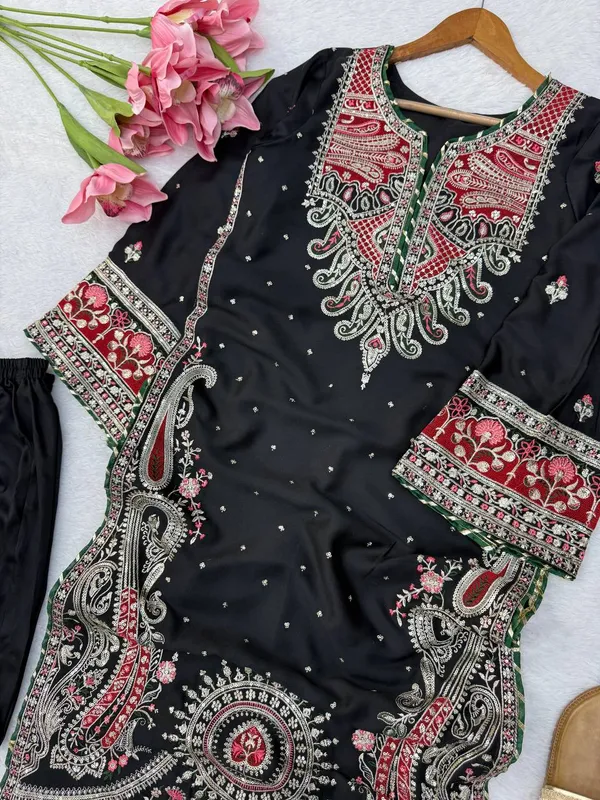 Biscuit_Slub_Kashmiri_Kaftan_Pant_Ethnic_Set_Black