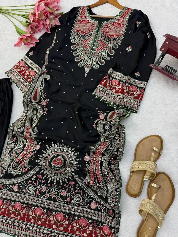 Biscuit_Slub_Kashmiri_Kaftan_Pant_Ethnic_Set_Black