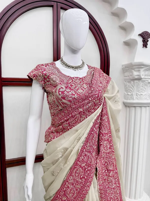 Cream_Red_Designer_Organza_Saree