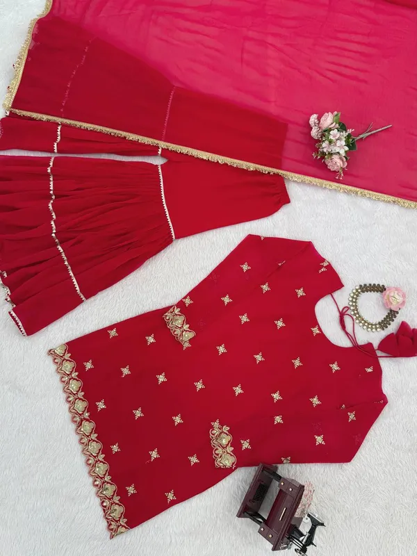 Faux_Georgette_3_Piece_Sharara_Set_with_Thread_Sequence_Lace_Dupatta_Red