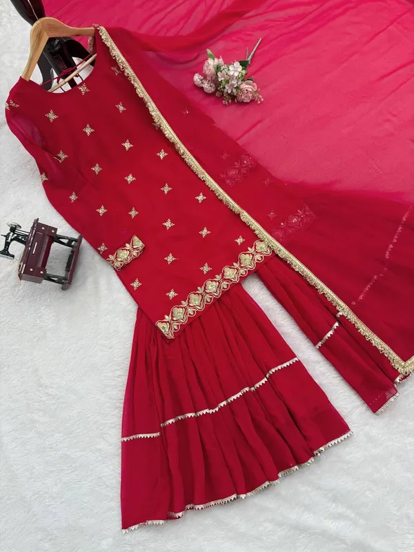 Faux_Georgette_3_Piece_Sharara_Set_with_Thread_Sequence_Lace_Dupatta_Red