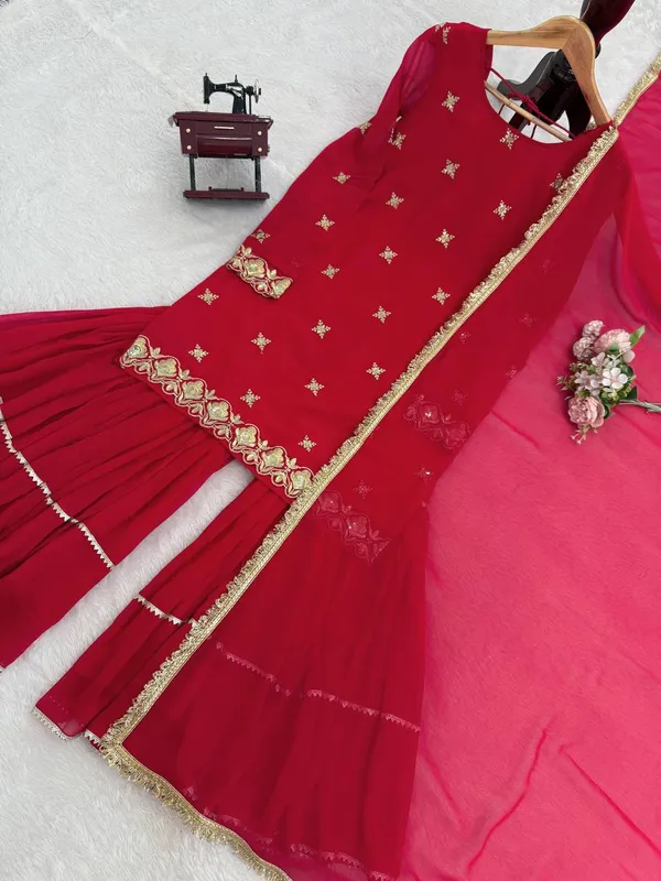 Faux_Georgette_3_Piece_Sharara_Set_with_Thread_Sequence_Lace_Dupatta_Red