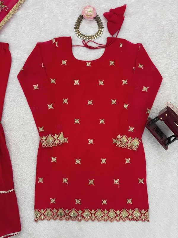 Faux_Georgette_3_Piece_Sharara_Set_with_Thread_Sequence_Lace_Dupatta_Red