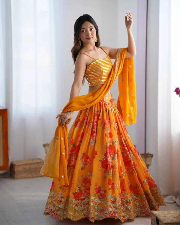 Faux_Georgette_Digital_Print_Lehenga_Koti_Choli_Set_Orange