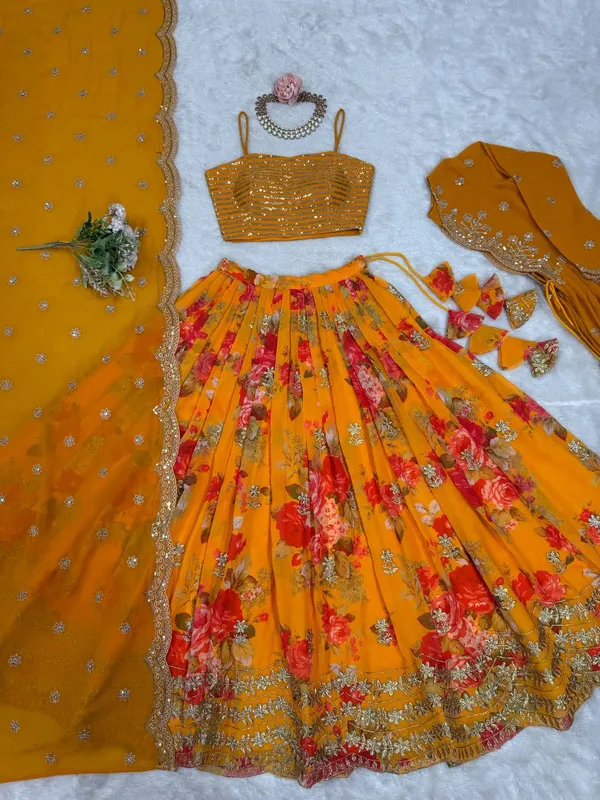 Faux_Georgette_Digital_Print_Lehenga_Koti_Choli_Set_Orange
