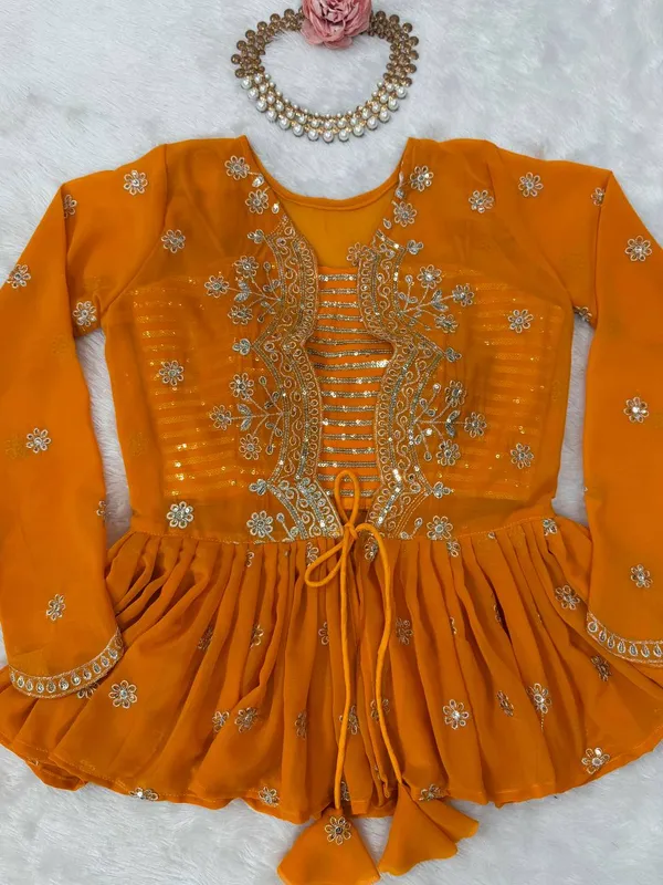 Faux_Georgette_Digital_Print_Lehenga_Koti_Choli_Set_Orange