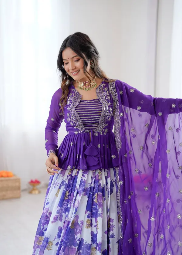 Faux_Georgette_Digital_Print_Lehenga_Koti_Choli_Set_Purple