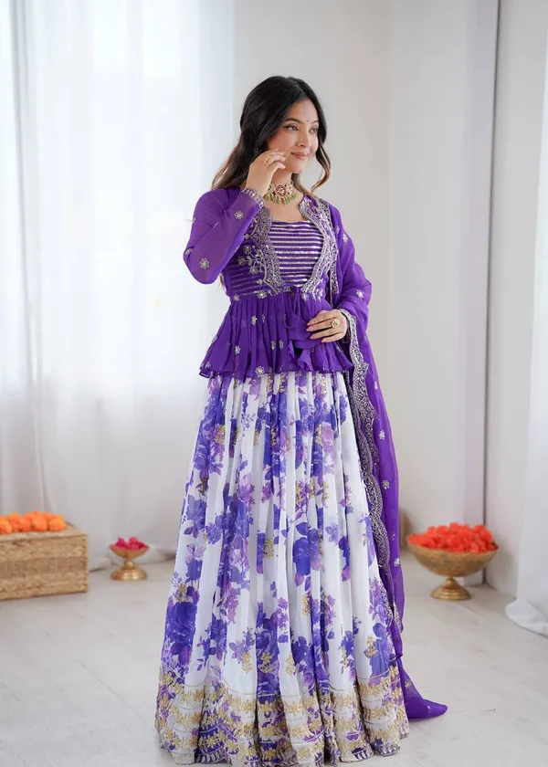 Faux_Georgette_Digital_Print_Lehenga_Koti_Choli_Set_Purple