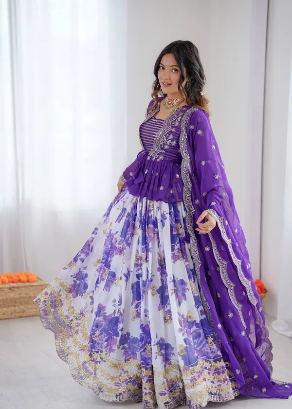 Faux_Georgette_Digital_Print_Lehenga_Koti_Choli_Set_Purple