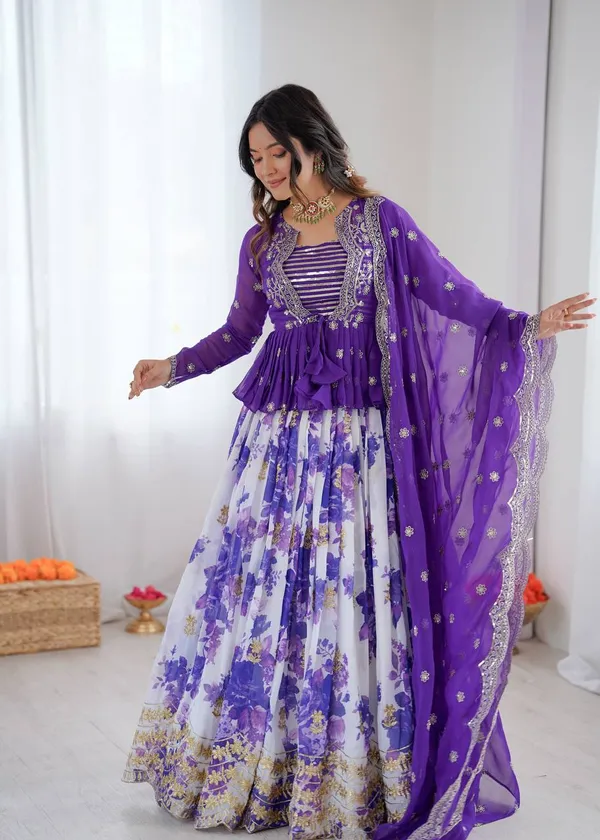 Faux_Georgette_Digital_Print_Lehenga_Koti_Choli_Set_Purple