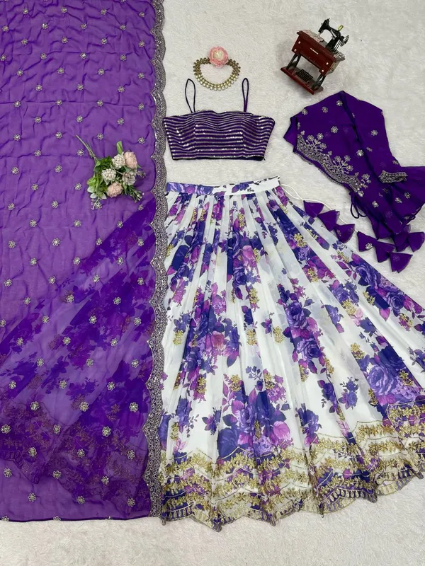 Faux_Georgette_Digital_Print_Lehenga_Koti_Choli_Set_Purple