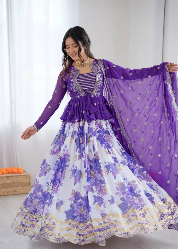 Faux_Georgette_Digital_Print_Lehenga_Koti_Choli_Set_Purple