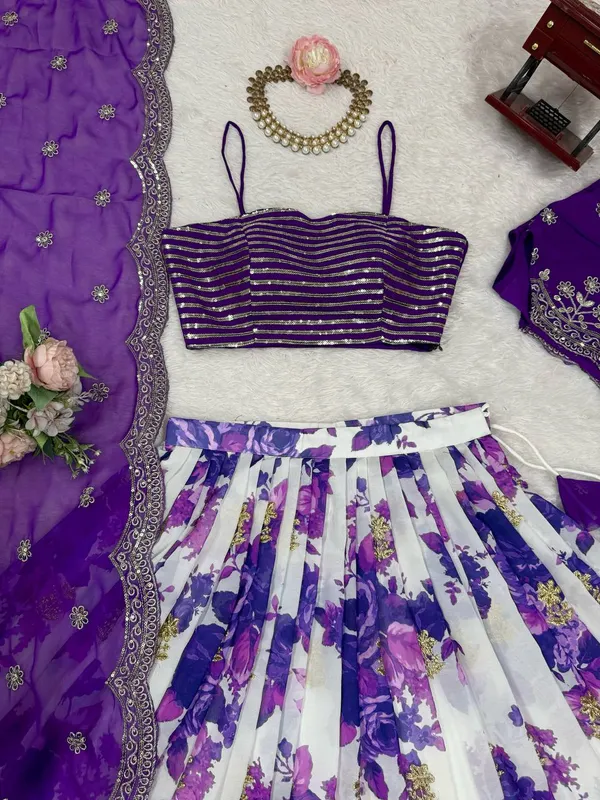 Faux_Georgette_Digital_Print_Lehenga_Koti_Choli_Set_Purple