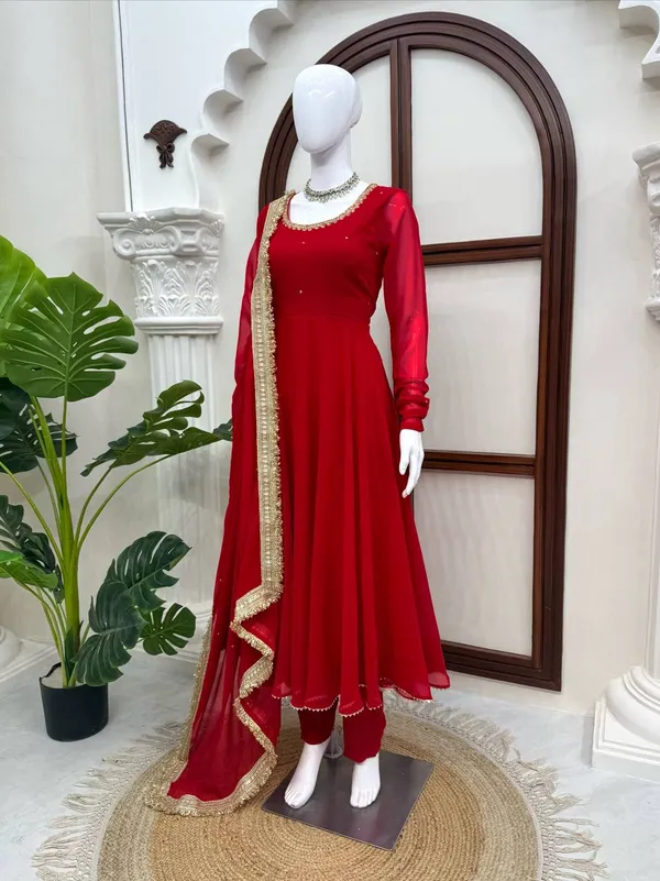 Faux_Georgette_Handwork_Anarkali_Pant_Dupatta_Set_Red
