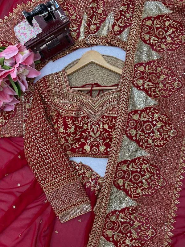 Faux_Georgette_Sequin_Saree_Blouse_Dupatta_Set