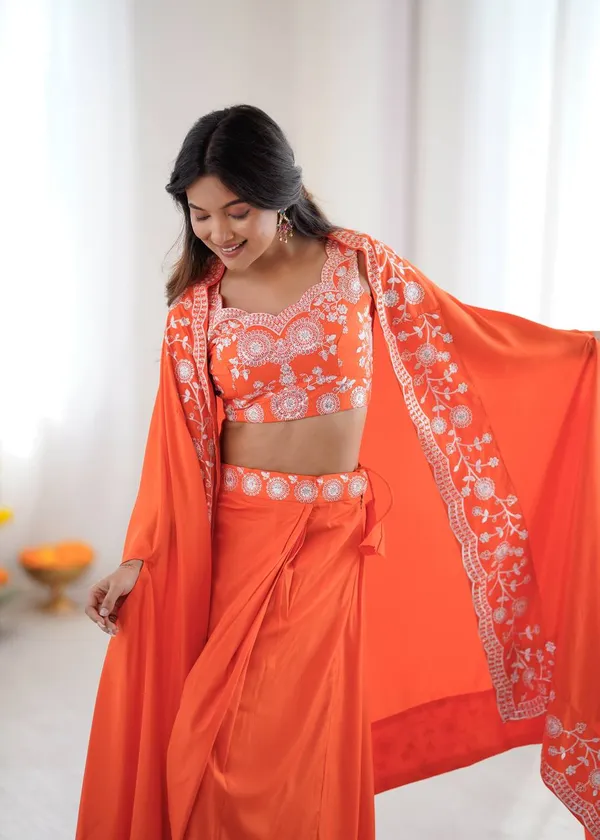 French_Crep_Dhoti_Set_orange