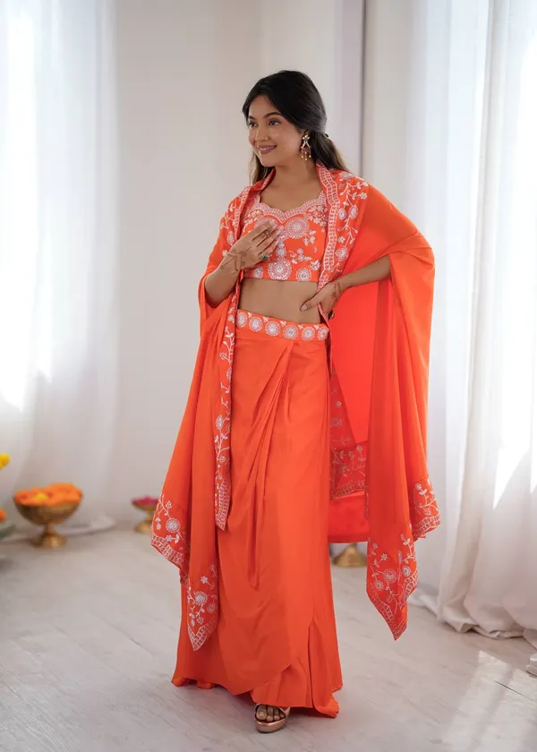 French_Crep_Dhoti_Set_orange