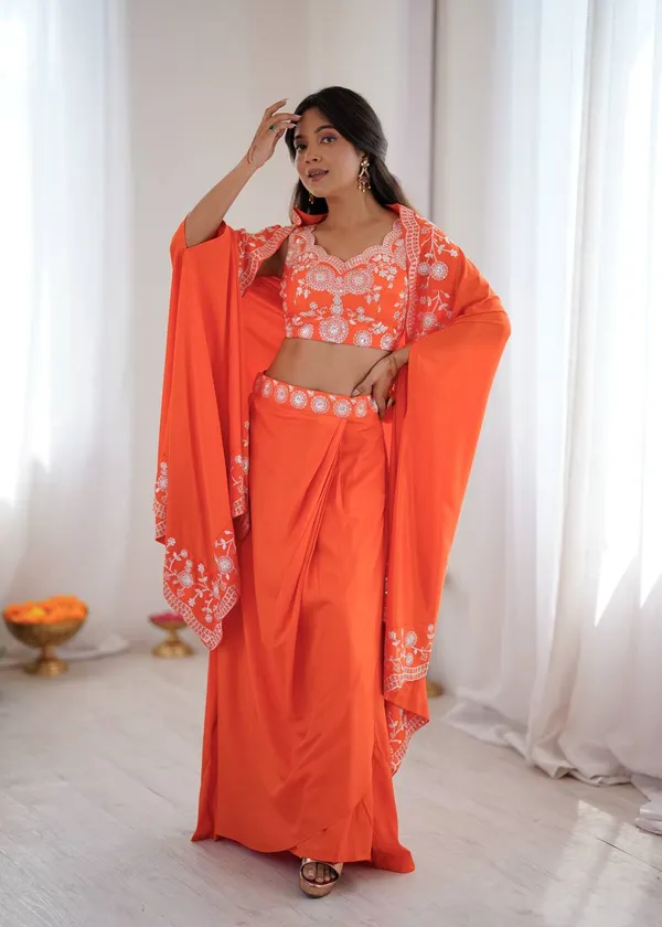 French_Crep_Dhoti_Set_orange
