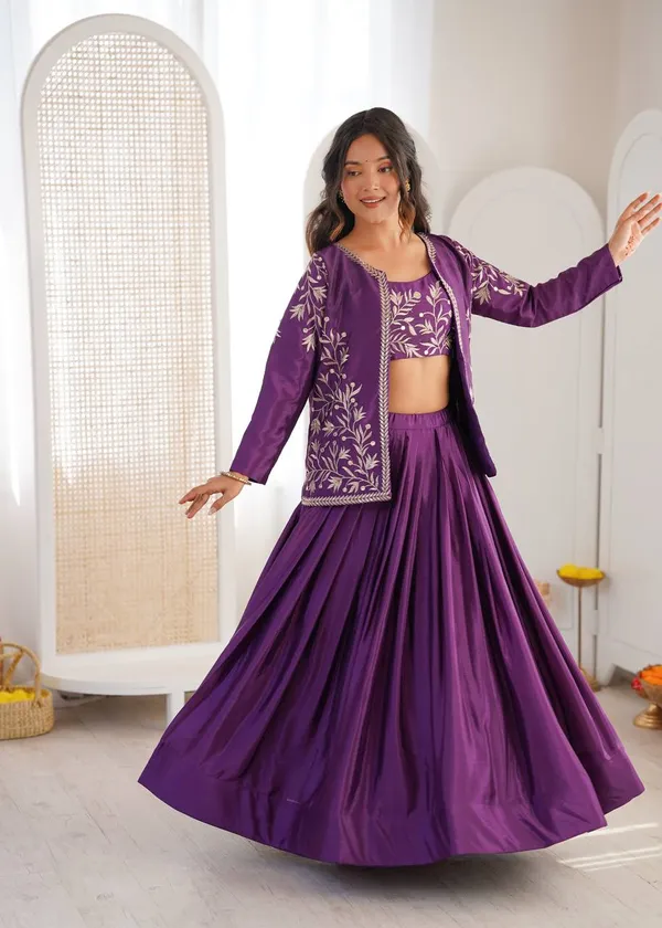 Heavy_Chinon_Silk_Lehenga_Choli_Koti_Set_with_Thread_Sequin_Work_Purple