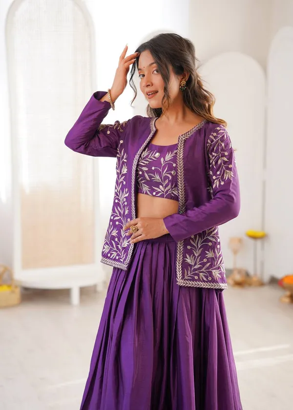 Heavy_Chinon_Silk_Lehenga_Choli_Koti_Set_with_Thread_Sequin_Work_Purple