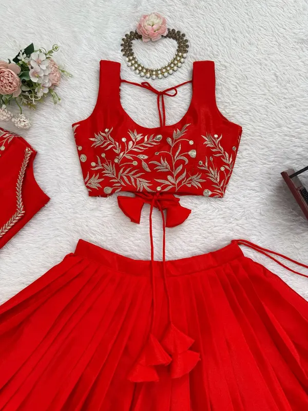 Heavy_Chinon_Silk_Lehenga_Choli_Koti_Set_with_Thread_Sequin_Work_Red