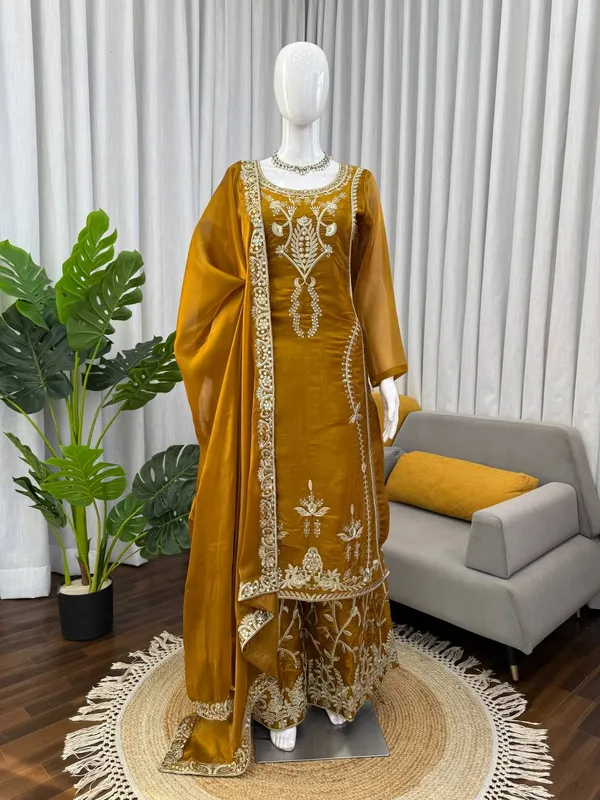 Golden_Embroiderd_Suit_With_Pant_And_Dupatta_Set_|_For_Women