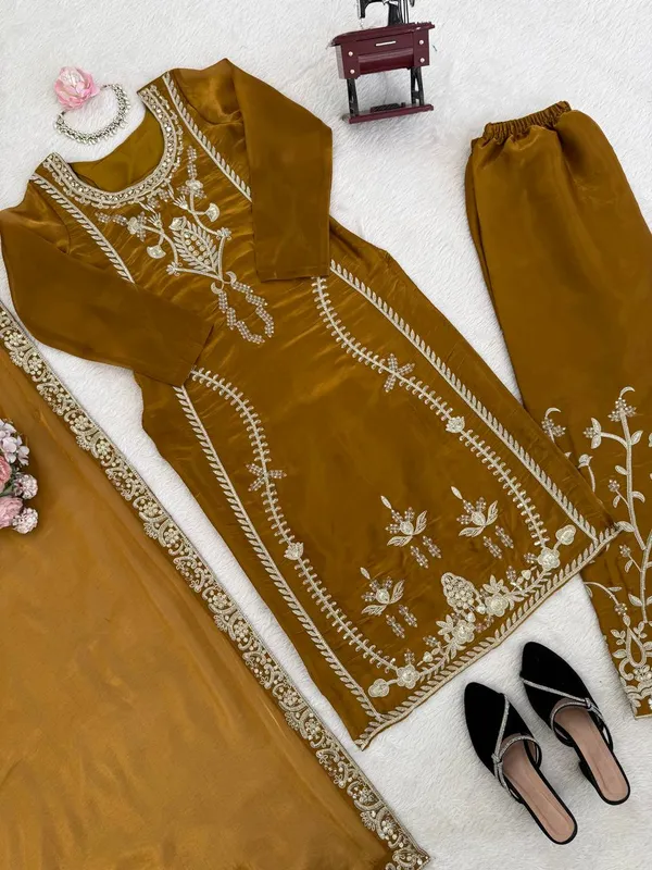 Golden_Embroiderd_Suit_With_Pant_And_Dupatta_Set_|_For_Women