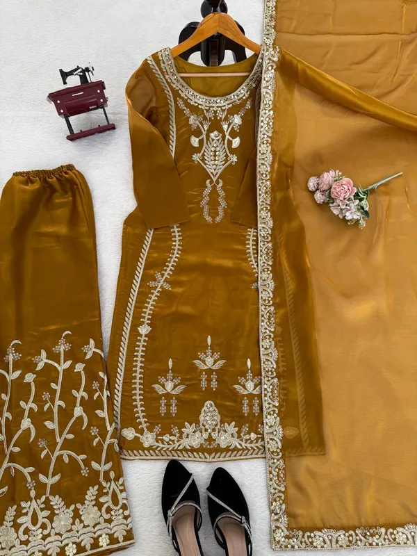 Golden_Embroiderd_Suit_With_Pant_And_Dupatta_Set_|_For_Women