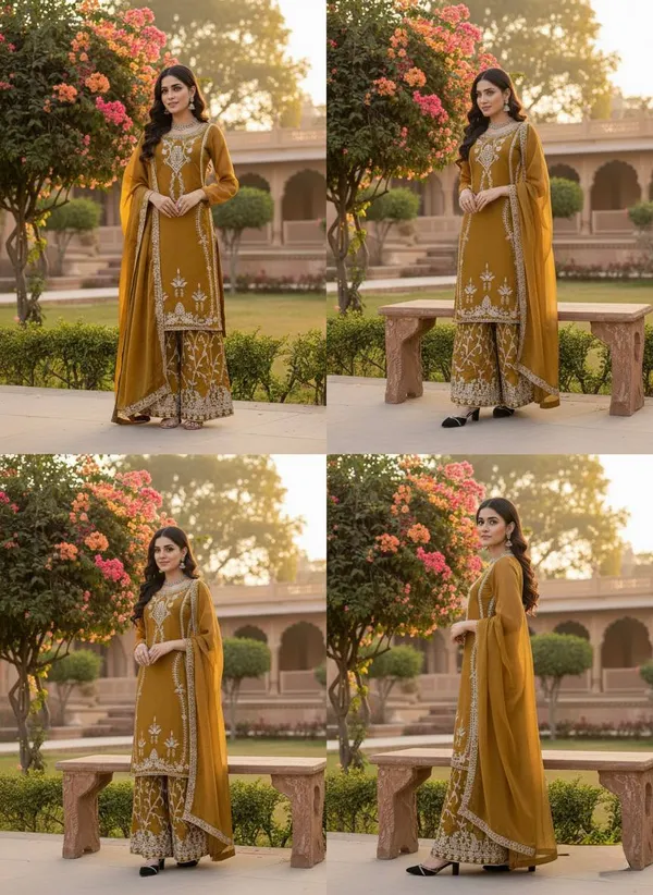 Golden_Embroiderd_Suit_With_Pant_And_Dupatta_Set_|_For_Women