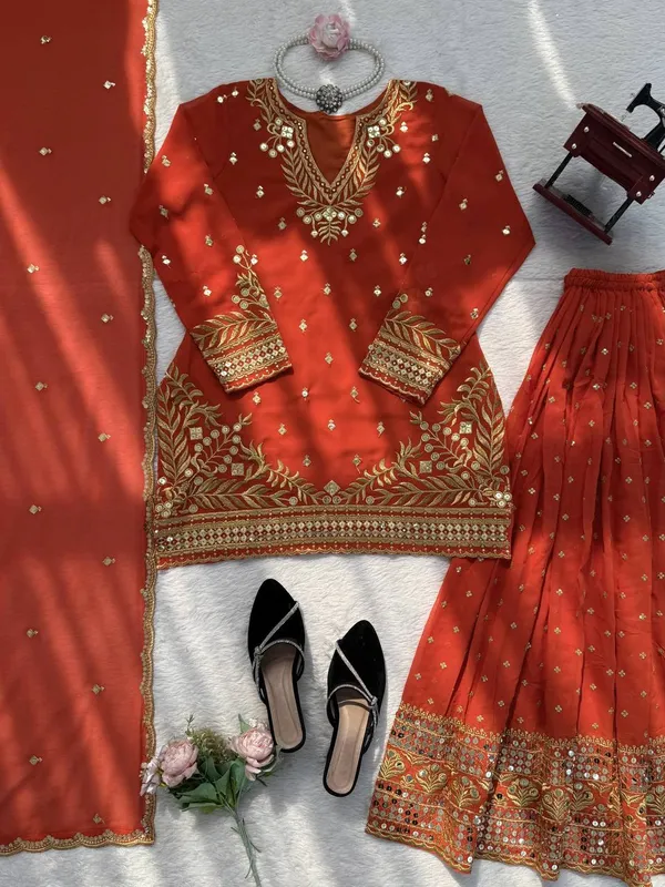 Red_Embroiderd_Suit_With_Pant_And_Dupatta_Set_|_For_Women