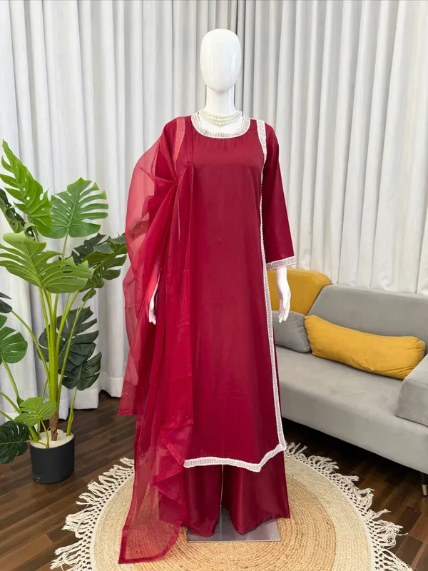 Natural_Crepe_3_Piece_Set_with_Lace_Work_Top_Plazo_Organza_Dupatta_Maroon