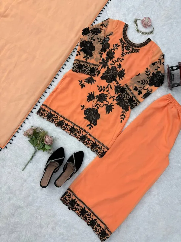 Peach_Embroidered_Georgette_Palazzo_Set