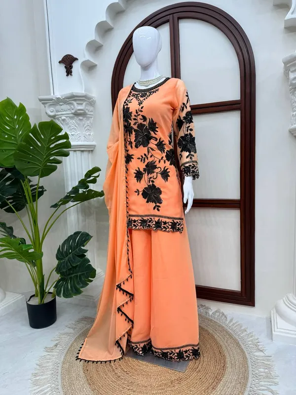 Peach_Embroidered_Georgette_Palazzo_Set