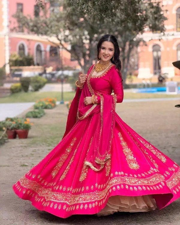 Pink_Chinon_Silk_Lehenga_Set
