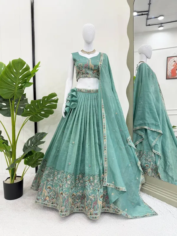 Premium_Gold_Crush_Lehenga_Choli_Dupatta_Set_with_Thread_Sequin_Embroidery_Green