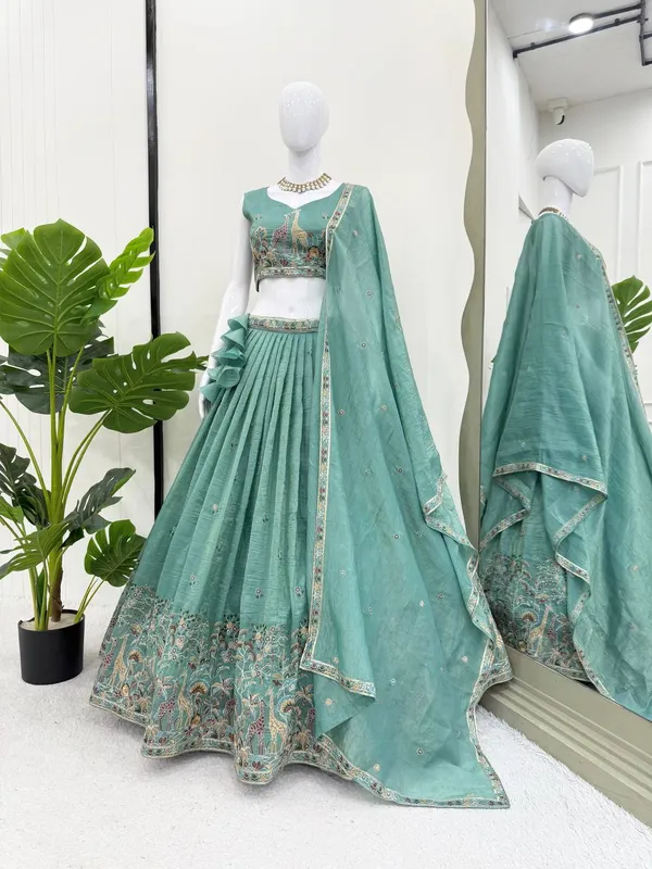 Premium_Gold_Crush_Lehenga_Choli_Dupatta_Set_with_Thread_Sequin_Embroidery_Green