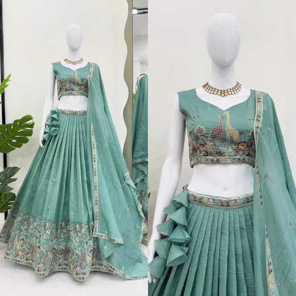 Premium_Gold_Crush_Lehenga_Choli_Dupatta_Set_with_Thread_Sequin_Embroidery_Green