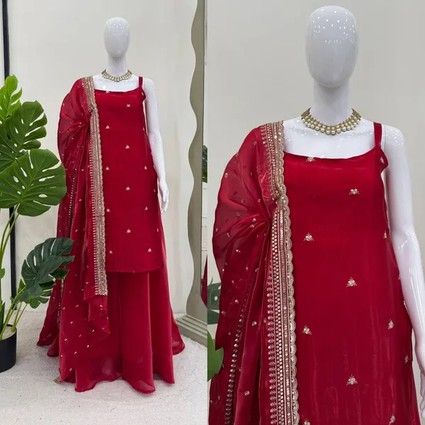 Red_Embroiderd_Suit_With_Pant_And_Dupatta_Set_|_For_Women