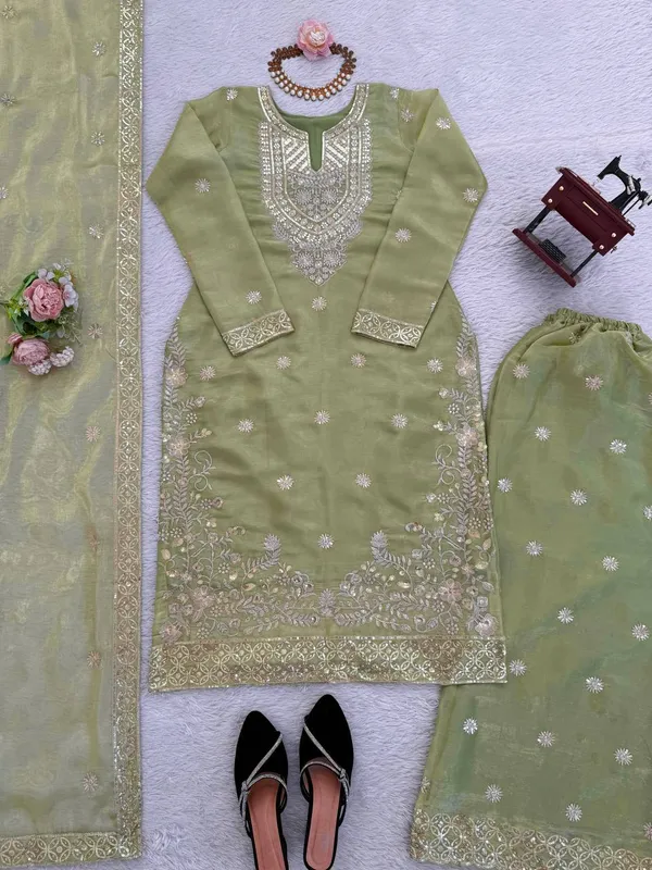 Green_Embroiderd_Suit_With_Pant_And_Dupatta_Set_|_For_Women