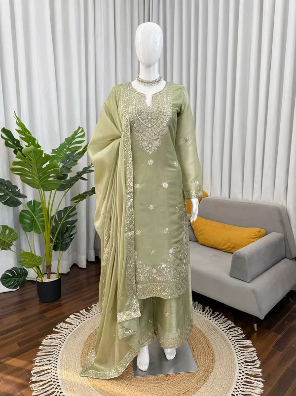 Green_Embroiderd_Suit_With_Pant_And_Dupatta_Set_|_For_Women