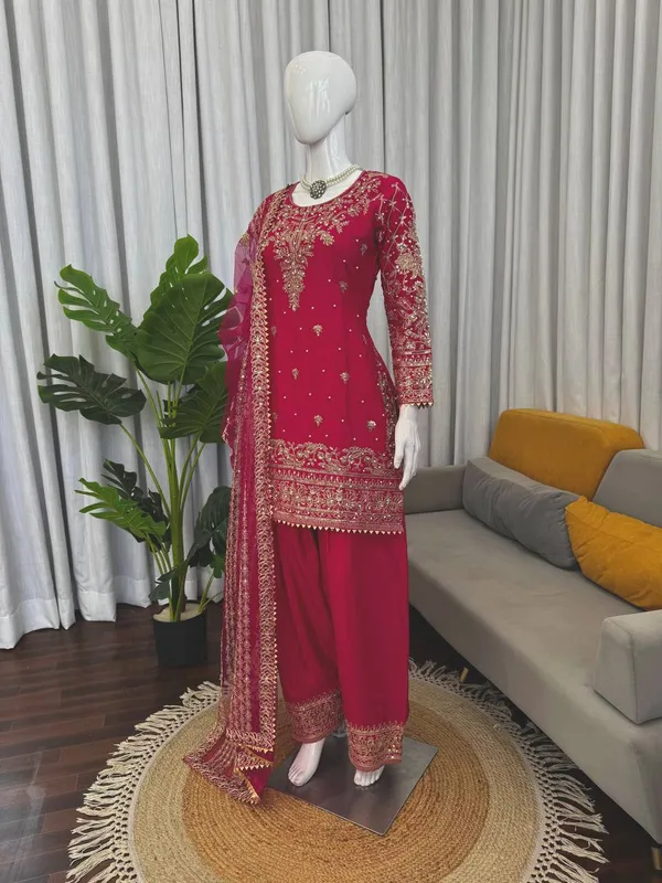 Red_Embroiderd_Suit_With_Pant_And_Dupatta_Set_|_For_Women
