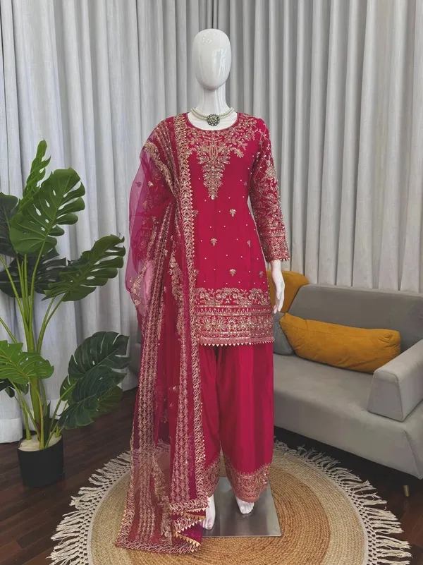 Red_Embroiderd_Suit_With_Pant_And_Dupatta_Set_|_For_Women