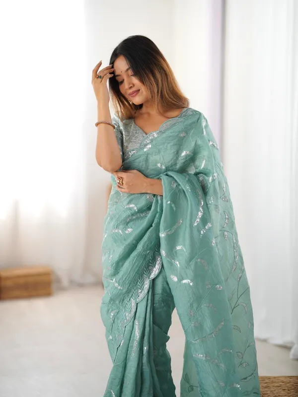 Peach_Heavy_Sequin_Embrodered_Saree_|_With_Unstitched_Blouse_Piece