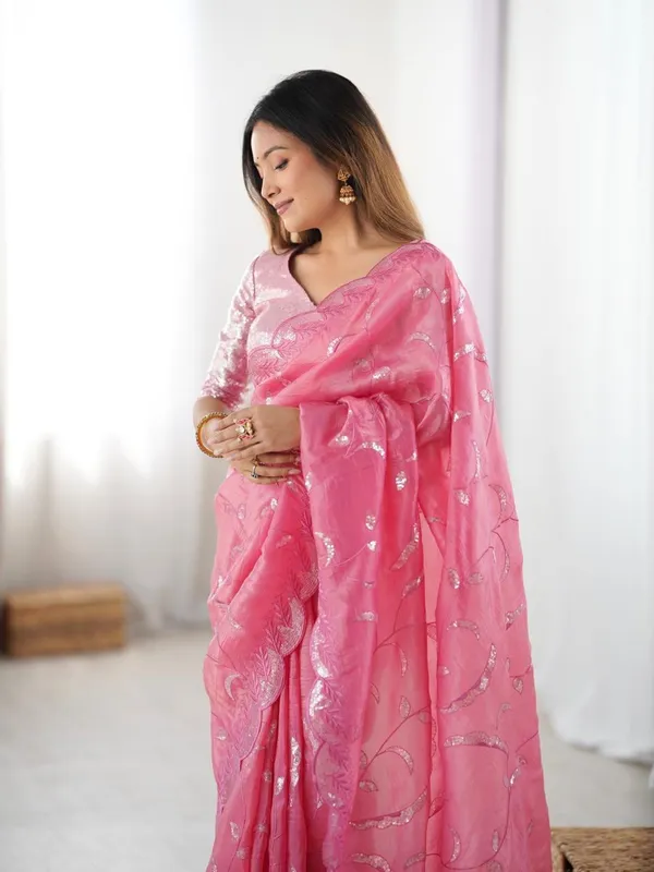 Peach_Heavy_Sequin_Embrodered_Saree_|_With_Unstitched_Blouse_Piece