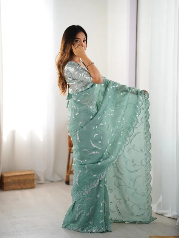 Peach_Heavy_Sequin_Embrodered_Saree_|_With_Unstitched_Blouse_Piece