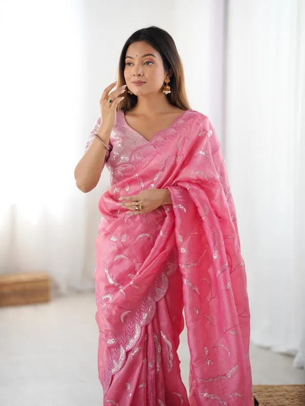 Peach_Heavy_Sequin_Embrodered_Saree_|_With_Unstitched_Blouse_Piece